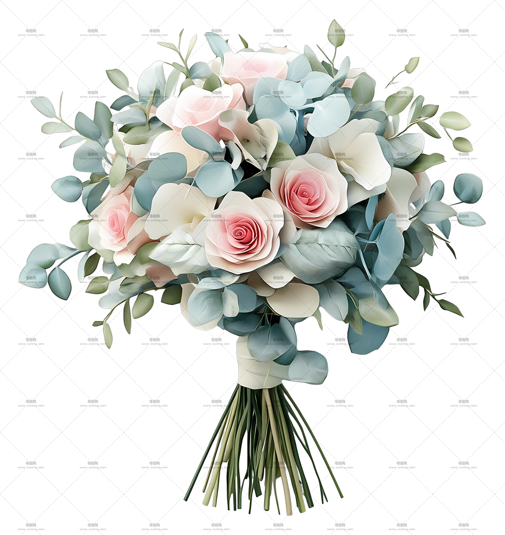 带桉树优雅粉色玫瑰花束PNG免抠图预览图