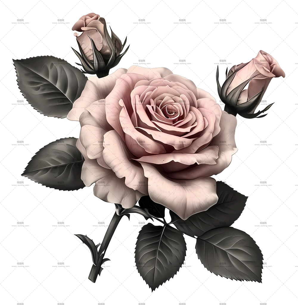 带叶子淡粉色玫瑰花和花蕾PNG免抠图预览图