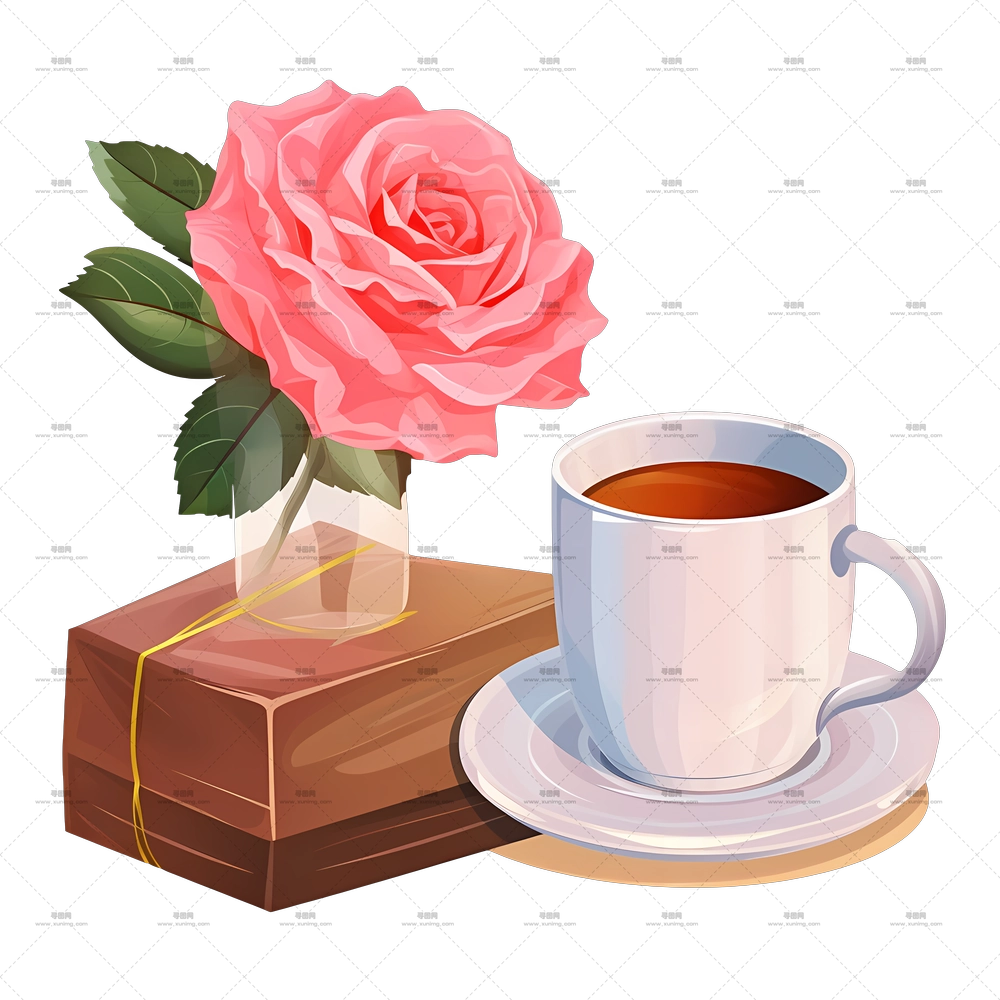 木盒上粉色玫瑰花和茶杯PNG免抠图预览图