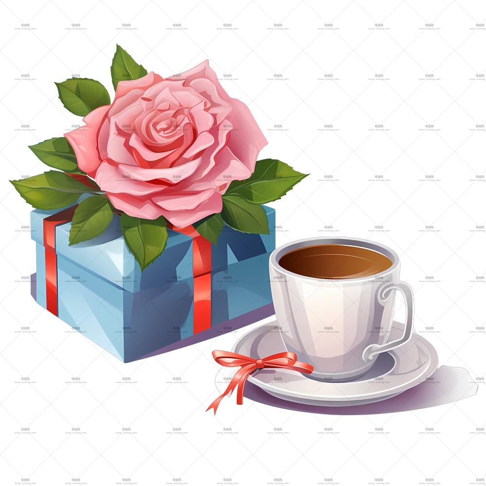 粉色玫瑰花礼品盒和咖啡杯PNG免抠图预览图