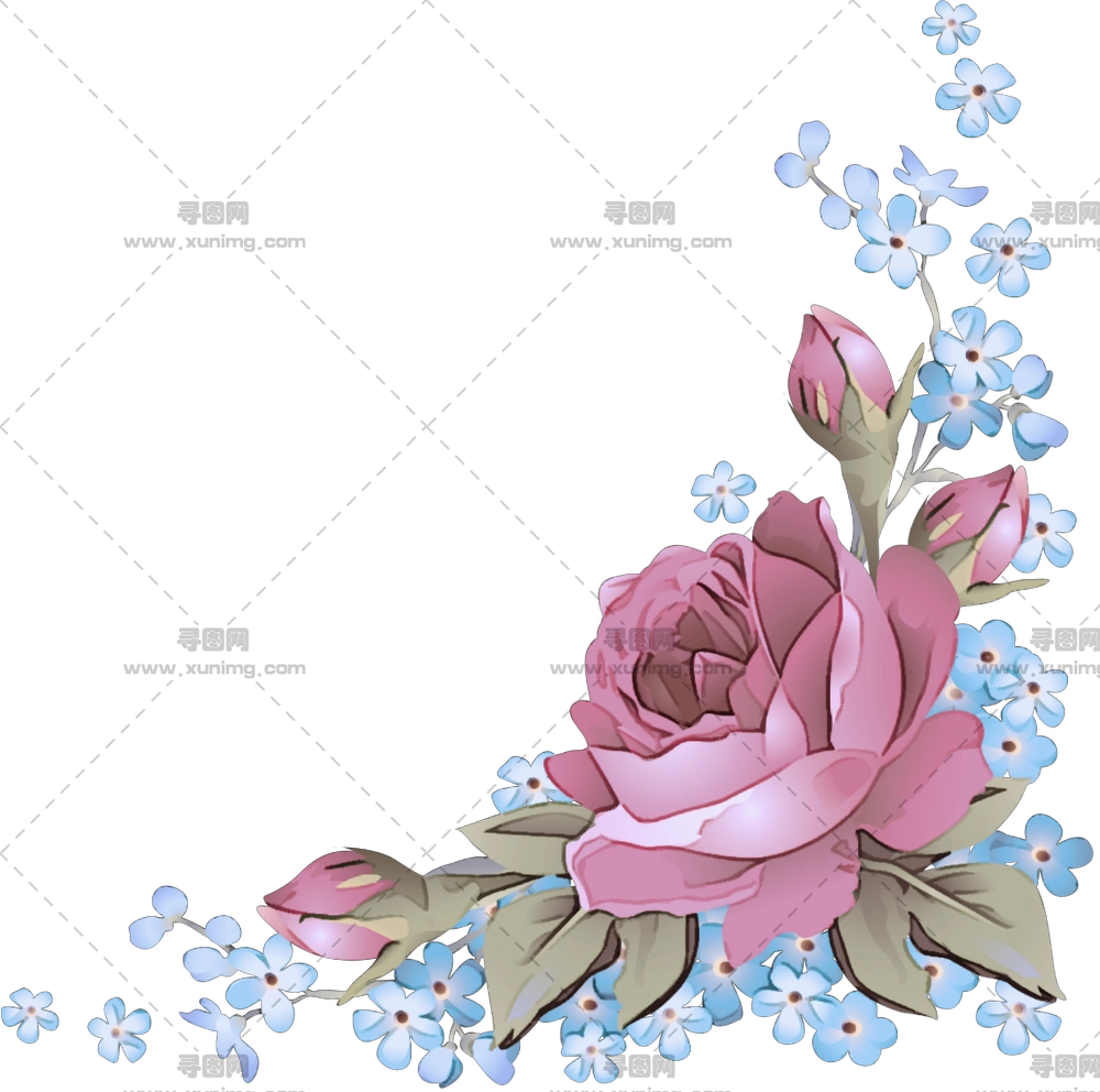 粉色玫瑰花和蓝花布置PNG免抠图预览图