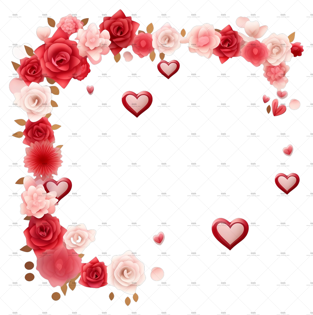 带玫瑰花和心形优雅花卉框架PNG免抠图预览图 带玫瑰花和心形优雅花卉框架PNG免抠图预览图