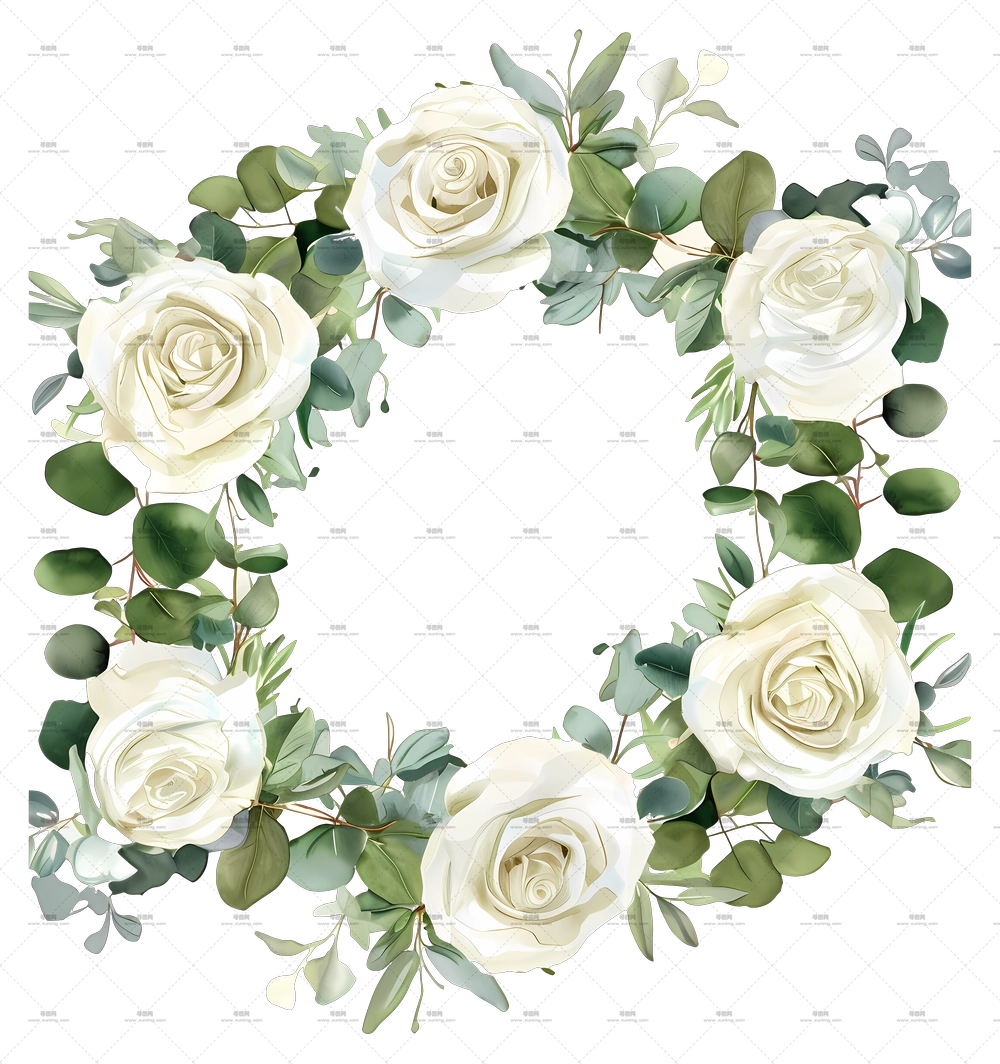优雅的白玫瑰和桉树花环PNG免抠图预览图