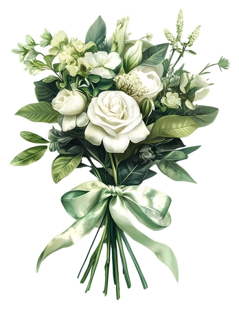 带绿色丝带的白玫瑰花束PNG免抠图