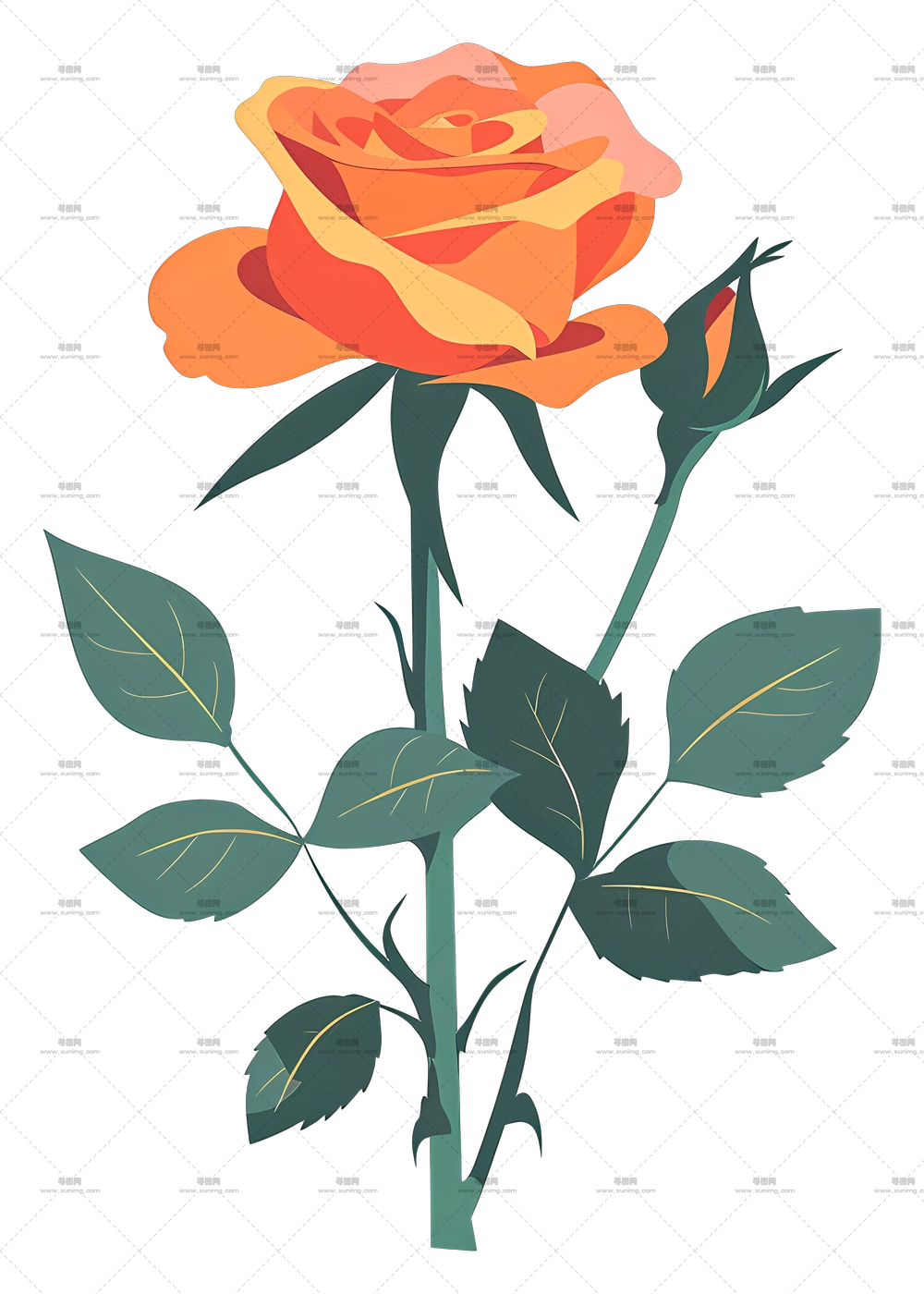 带叶子的橙玫瑰插画PNG免抠图预览图 带叶子的橙玫瑰插画PNG免抠图预览图