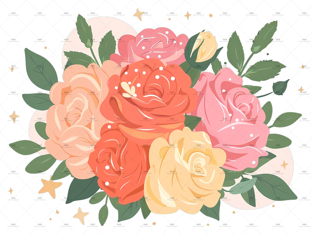 带叶子和星星的玫瑰花束PNG免抠图预览图 带叶子和星星的玫瑰花束PNG免抠图预览图