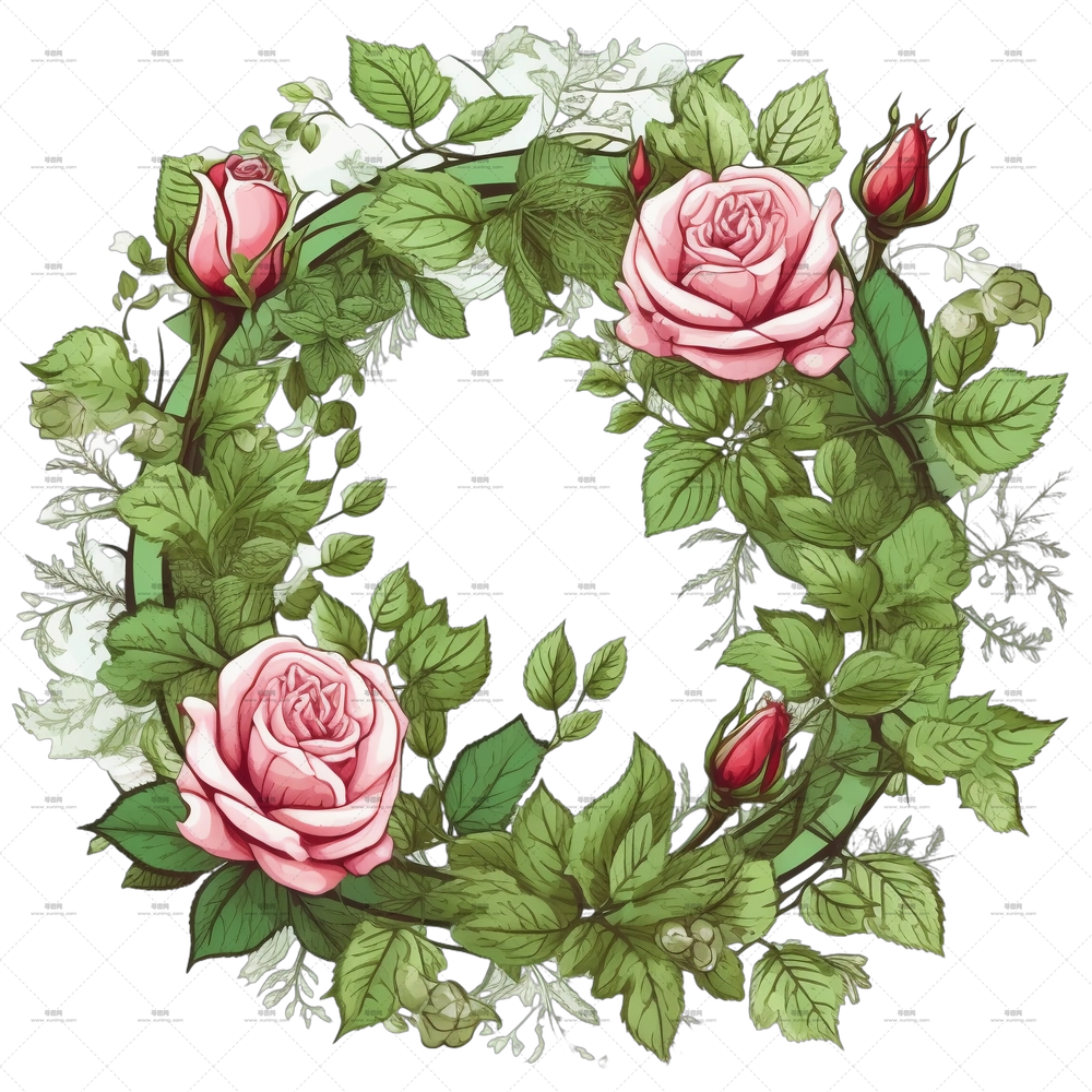 精美粉色玫瑰花卉花环透明背景PNG免抠图预览图