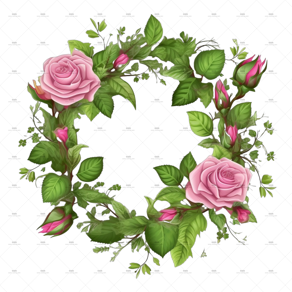 绿叶粉色玫瑰花卉花环透明背景PNG免抠图预览图