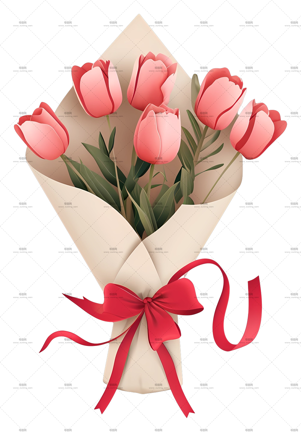 情人节花 – 带丝带粉郁金香花束PNG免抠图预览图