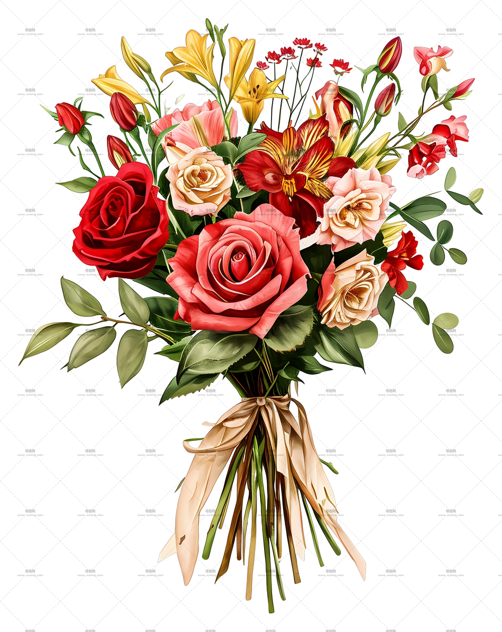 花卉配送 – 带玫瑰和丝带的优雅花束PNG免抠图预览图