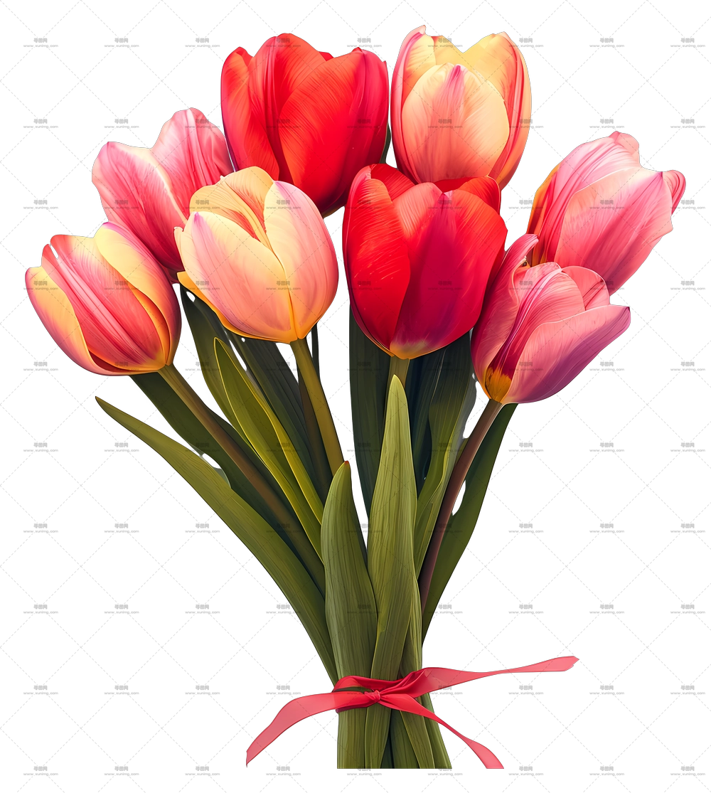 红粉郁金香花束 – 红粉郁金香丝带花束PNG免抠图预览图