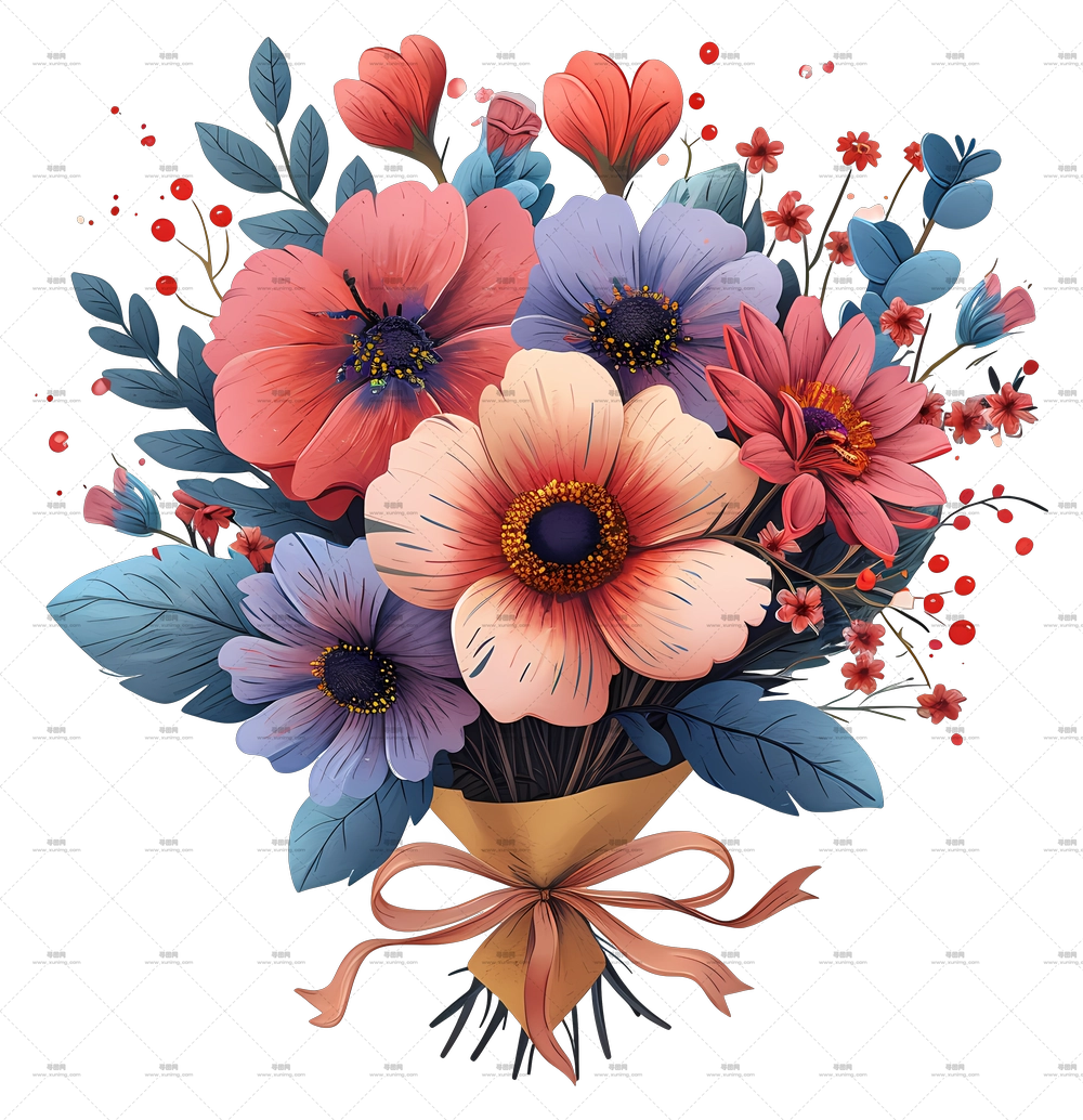 淡彩花卉布置 – 多彩花束插画PNG免抠图预览图