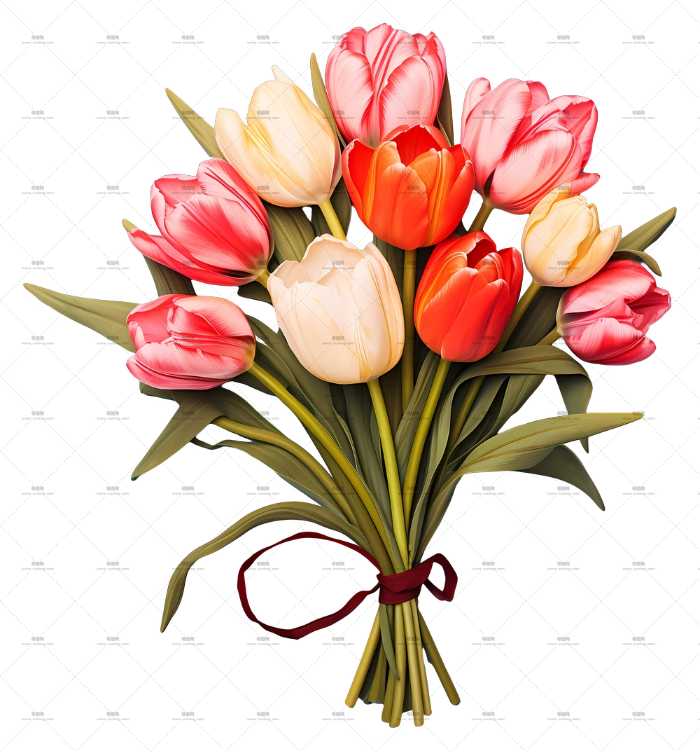 卡通风格郁金香花束 – 精美的彩色郁金香花束PNG免抠图预览图