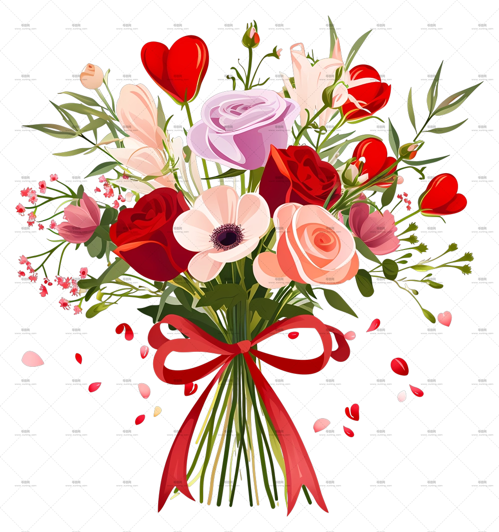 情人节最佳花束 – 红丝带装饰的美丽花艺束PNG免抠图预览图