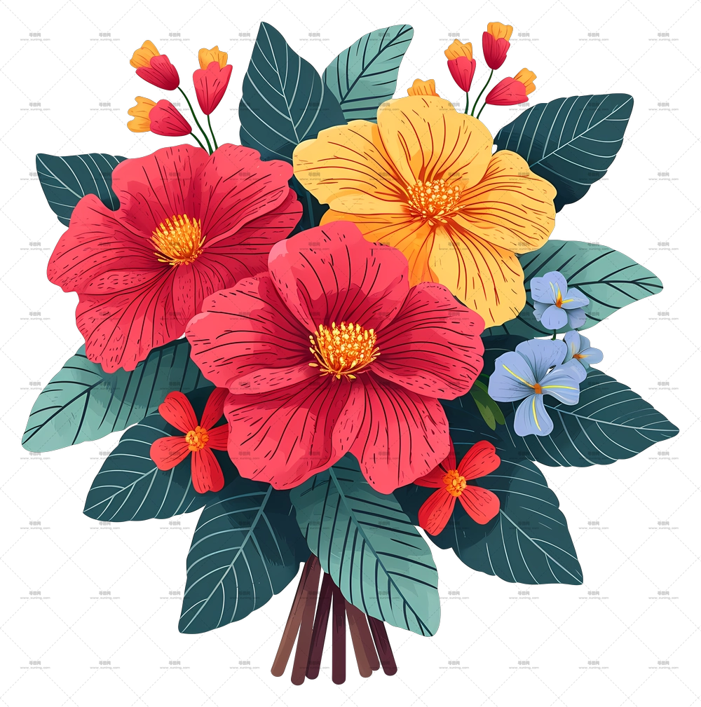 多彩花卉 – 带叶子的彩色花束PNG免抠图预览图