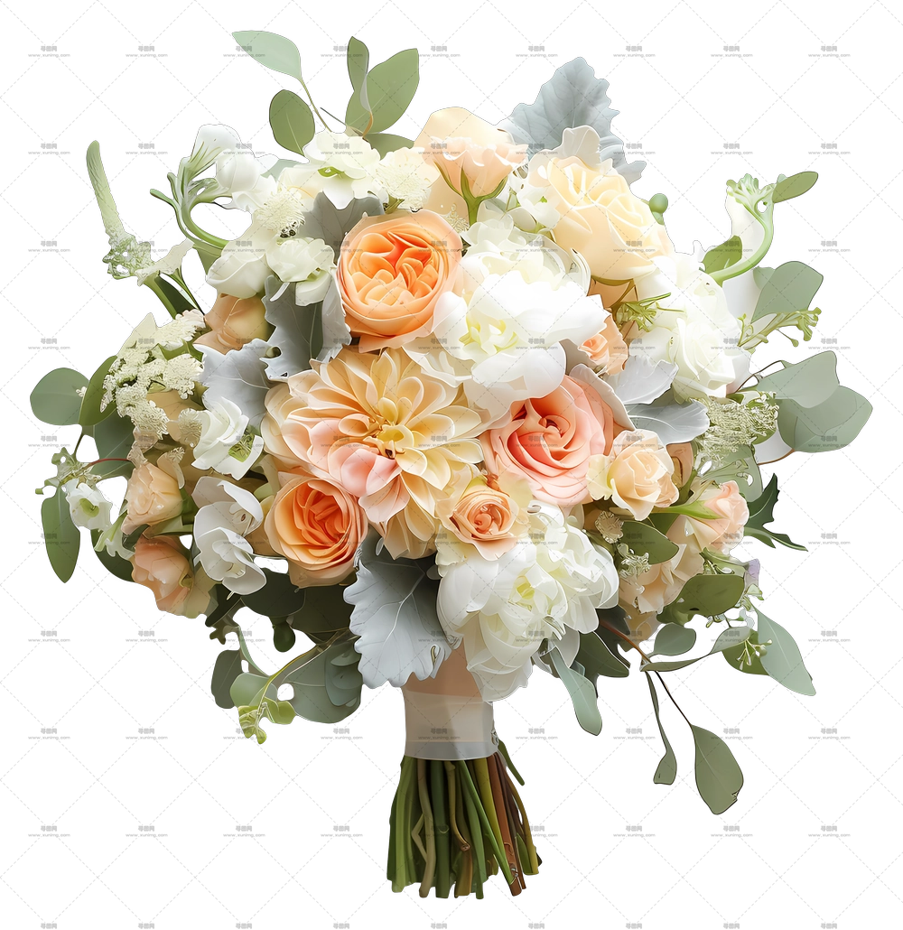 婚礼花卉束 – 婚纱花束,搭配淡彩玫瑰和绿色植物PNG免抠图预览图 婚礼花卉束 – 婚纱花束,搭配淡彩玫瑰和绿色植物PNG免抠图预览图