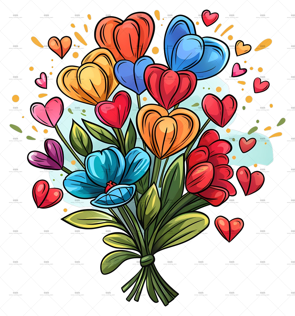 多彩心形与花朵花束插画PNG免抠图预览图
