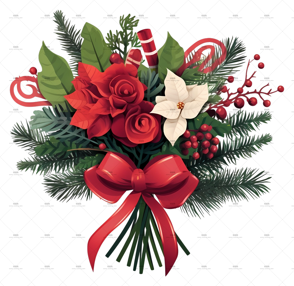 带节日蝴蝶结的圣诞花束PNG免抠图预览图 带节日蝴蝶结的圣诞花束PNG免抠图预览图