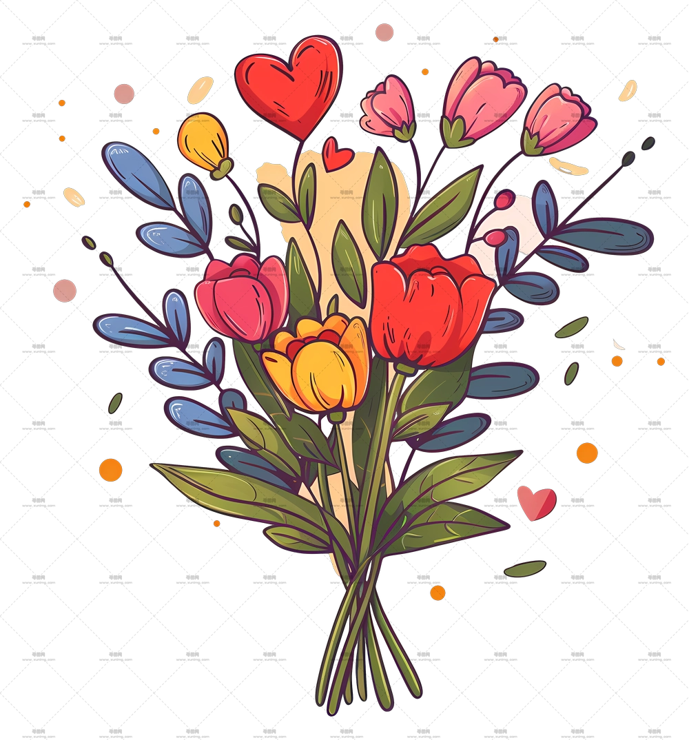 色彩鲜艳的花束与爱心装饰PNG免抠图预览图