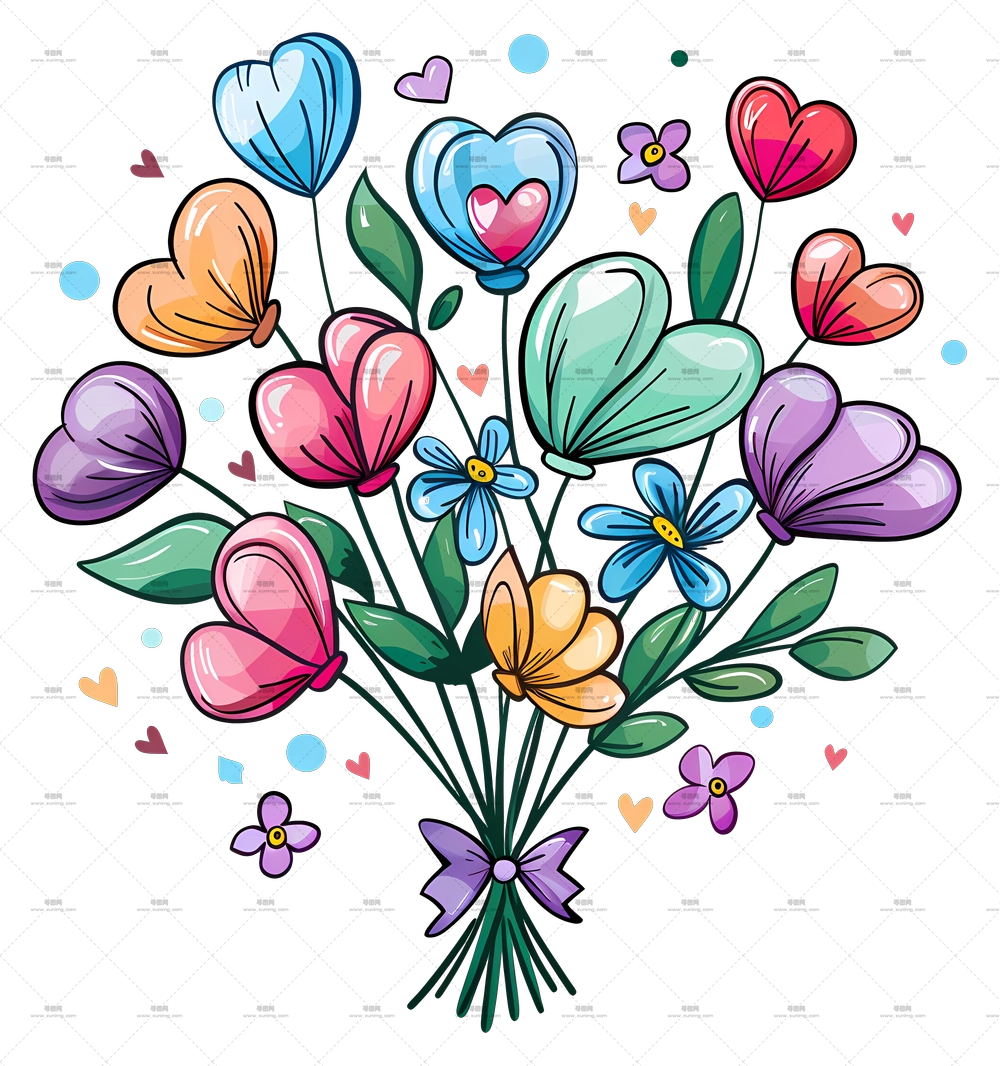 多彩心形花朵花束PNG免抠图预览图