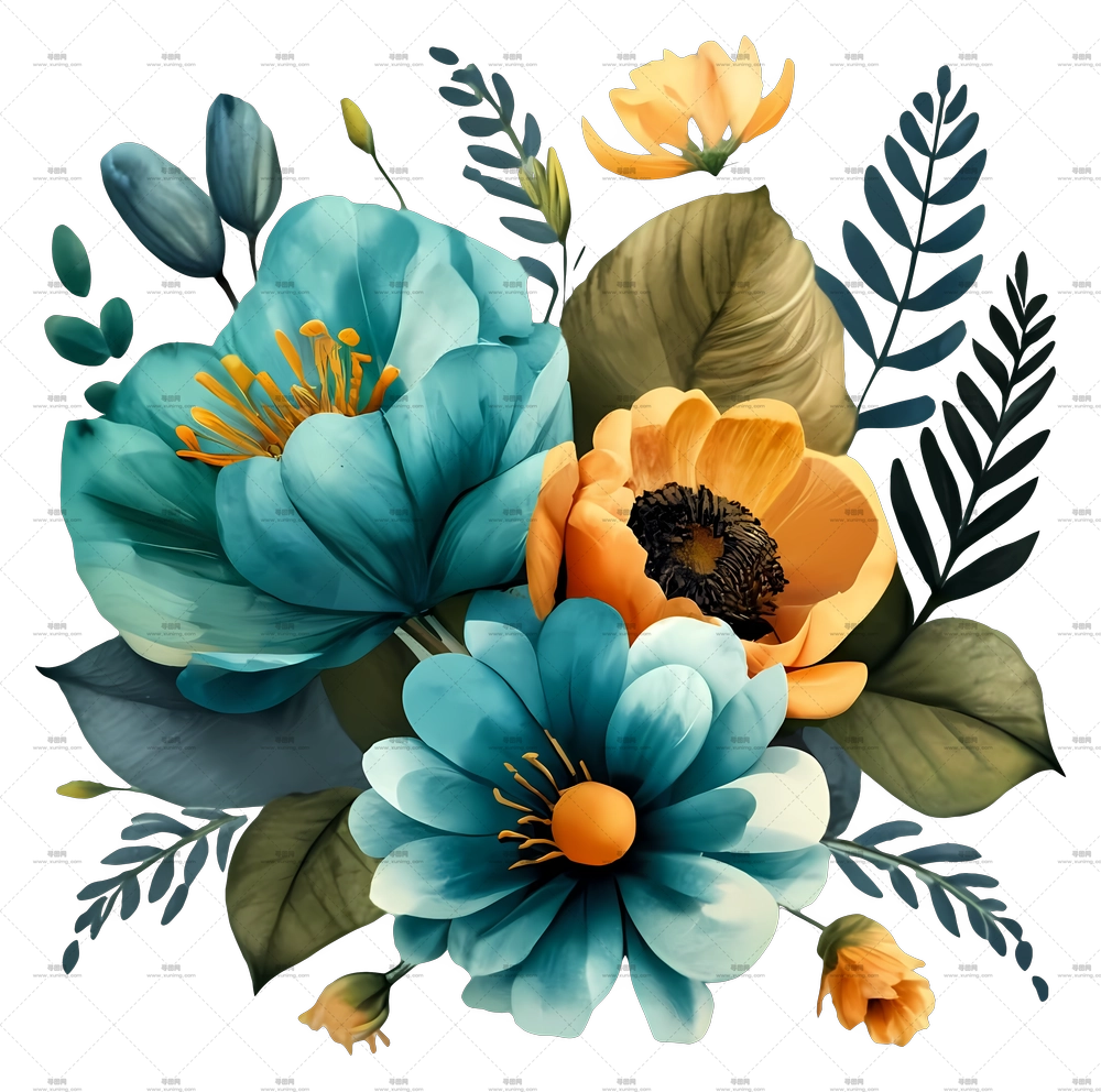 美丽蓝黄花朵花束插画PNG免抠图预览图