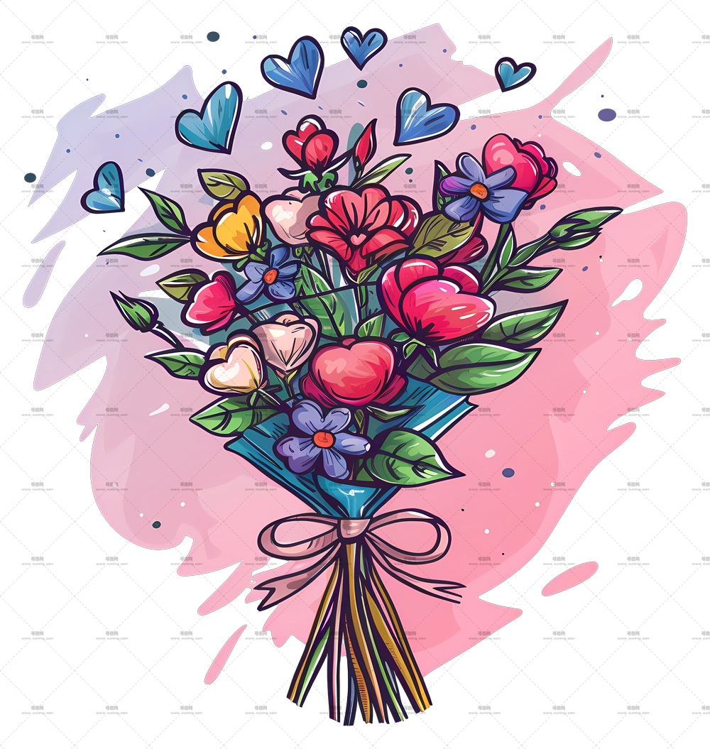 带有心形装饰的多彩花朵花束PNG免抠图预览图