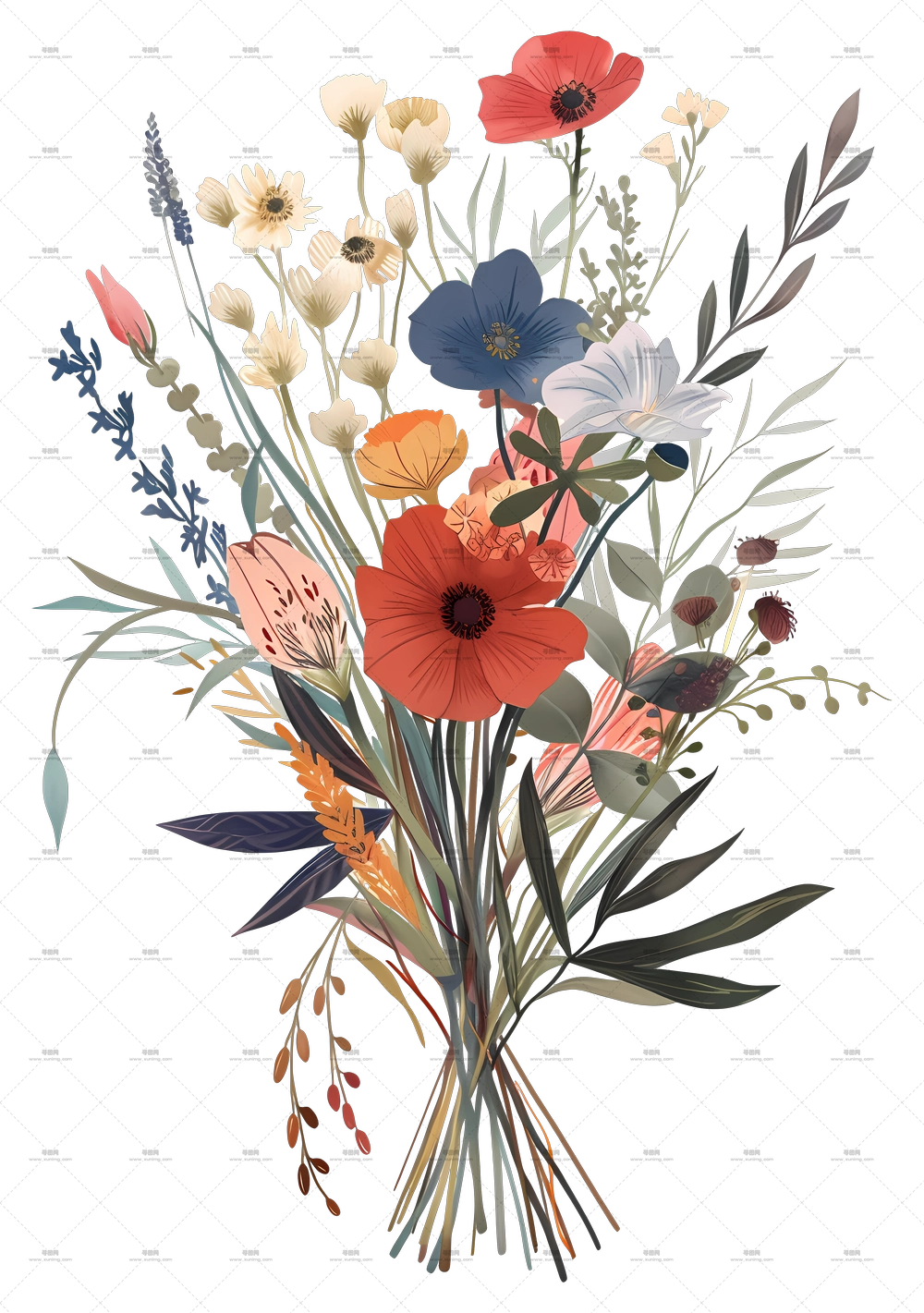 多彩花卉花束插画PNG免抠图预览图