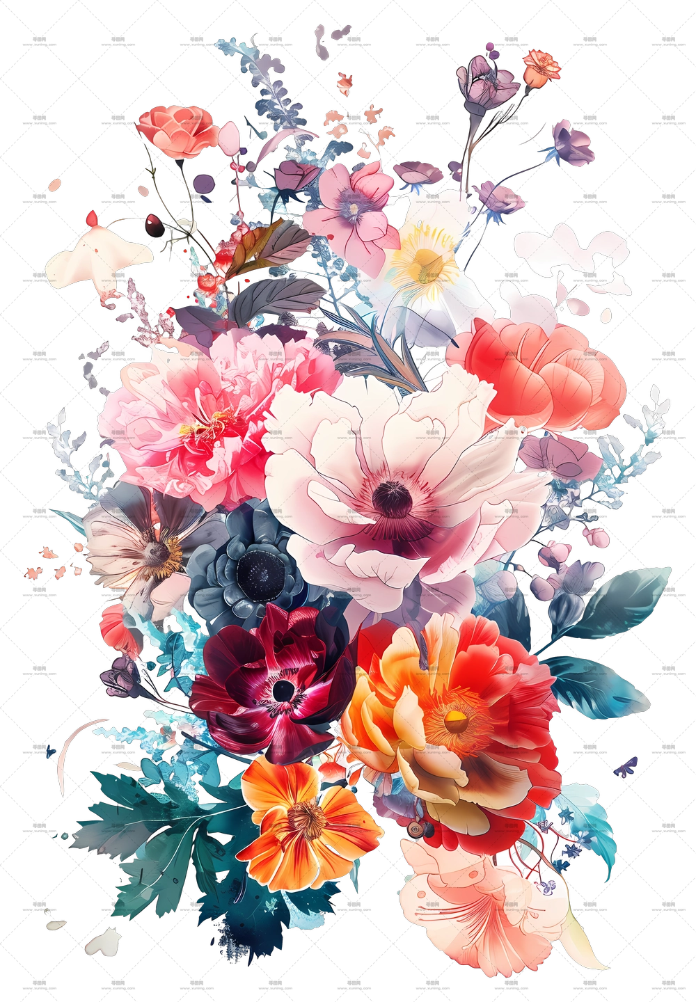 多彩花卉花束插画PNG免抠图预览图 多彩花卉花束插画PNG免抠图预览图