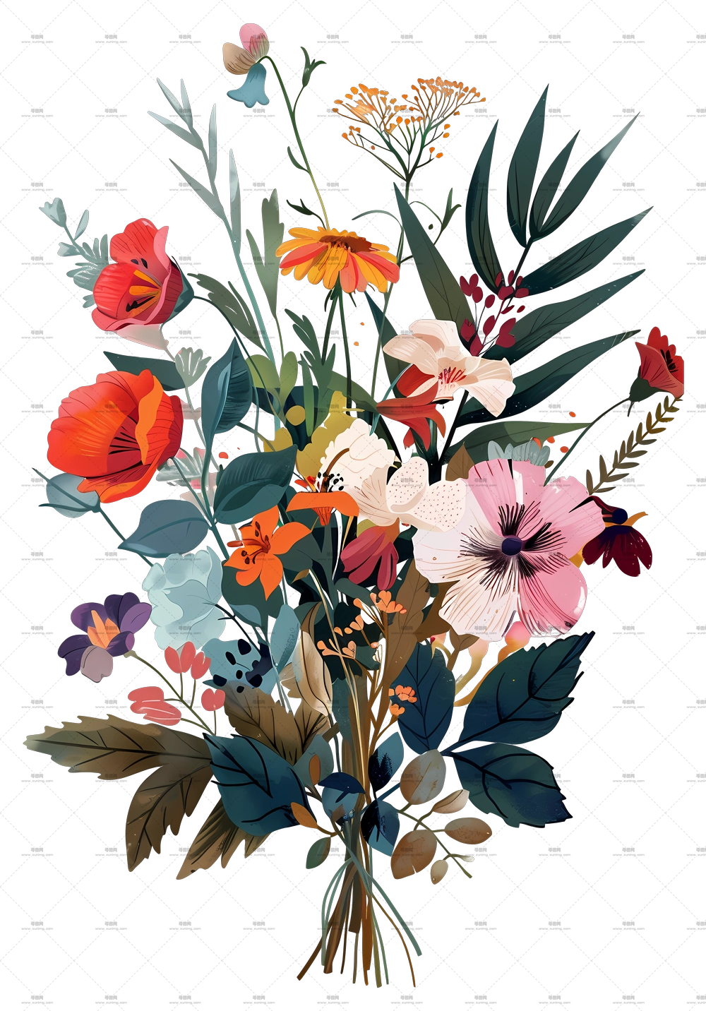 多彩花卉花束插画PNG免抠图预览图