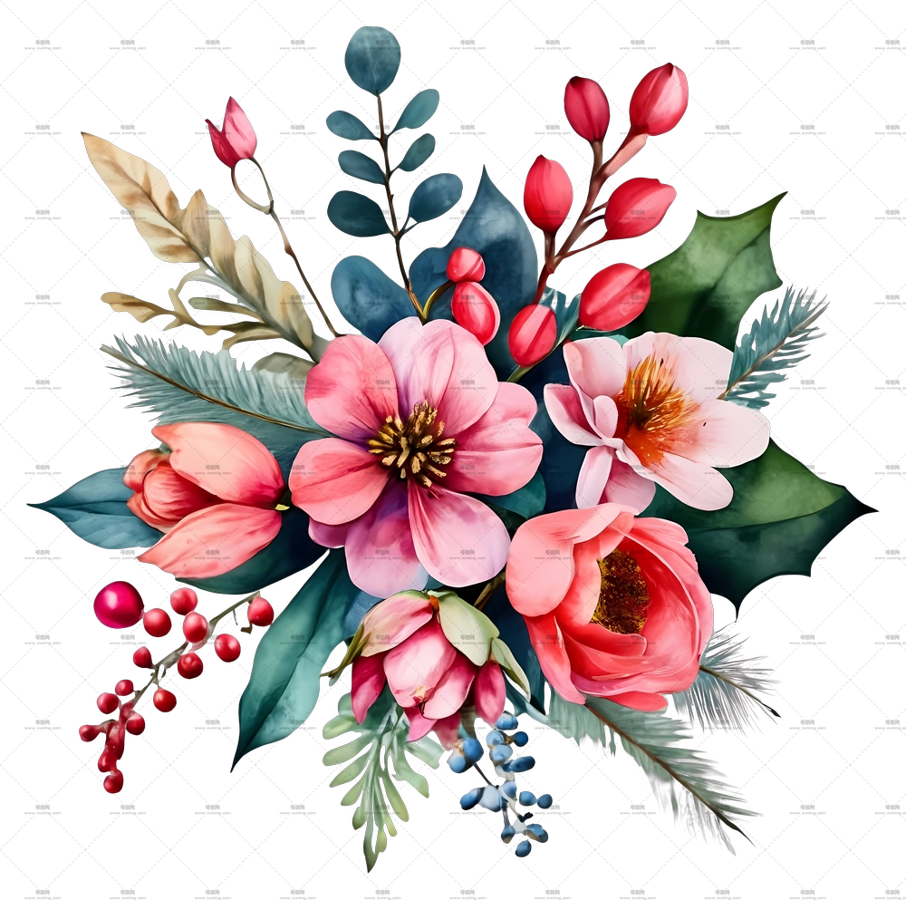 水彩粉红与红色花卉布置PNG免抠图预览图