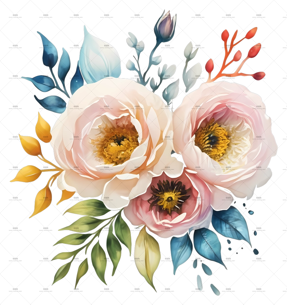 水彩花卉绘画，盛开的鲜花PNG免抠图预览图