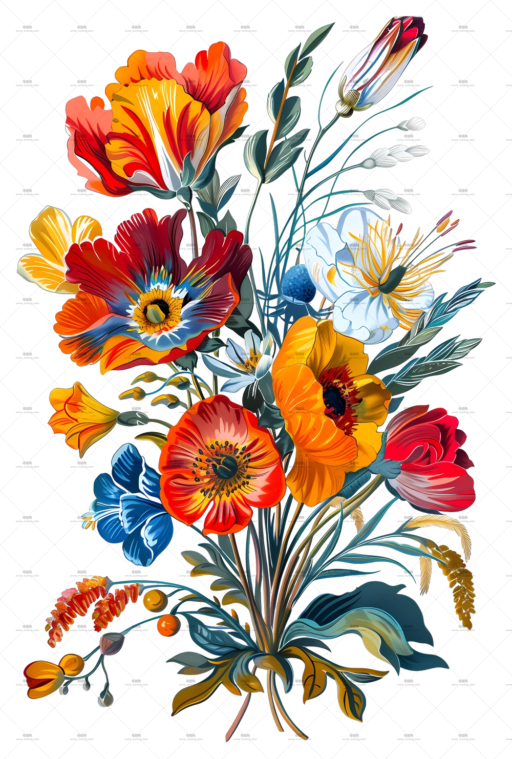 鲜艳多彩花卉花束插画PNG免抠图预览图