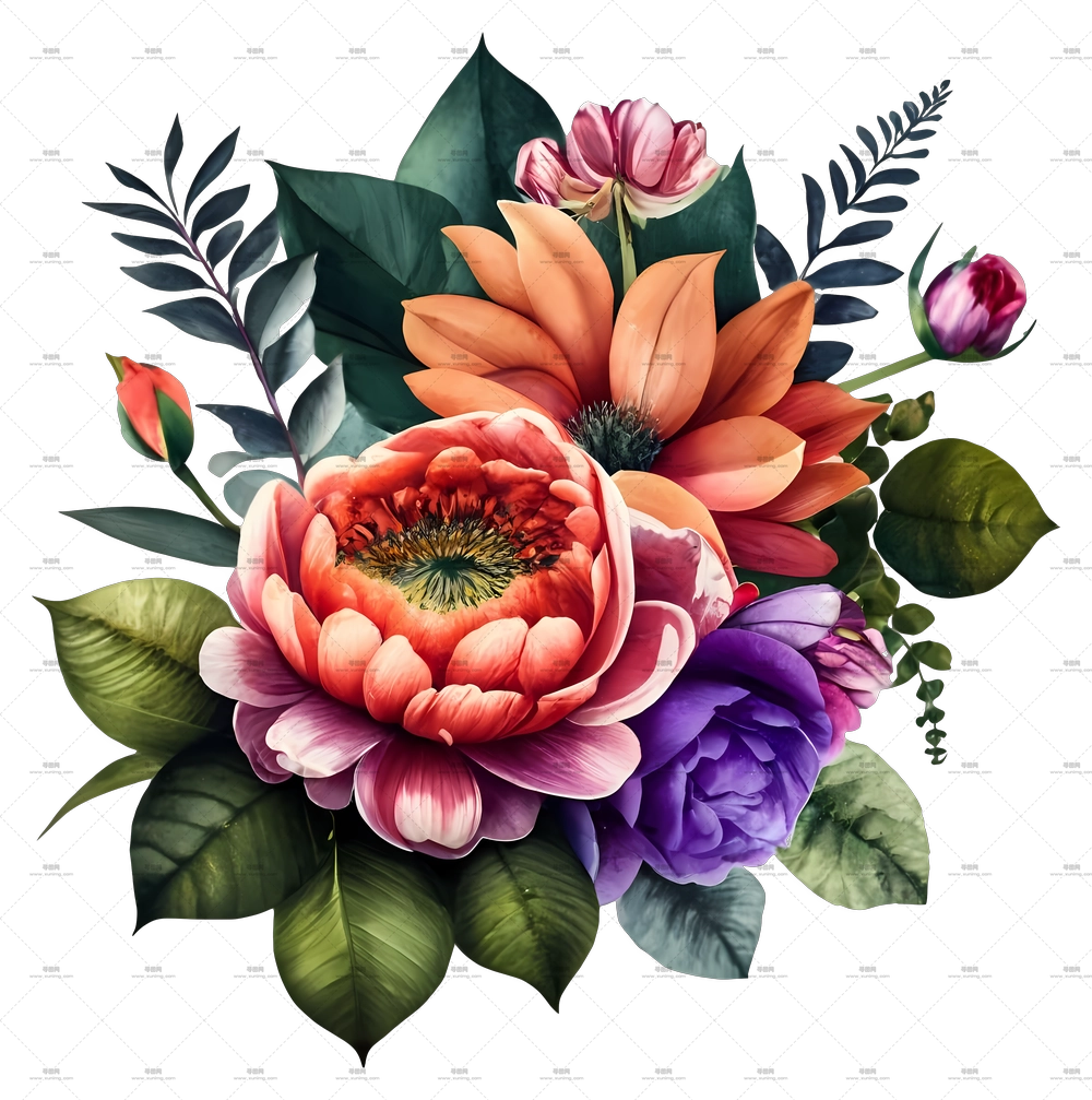 多彩花朵花束插画PNG免抠图预览图