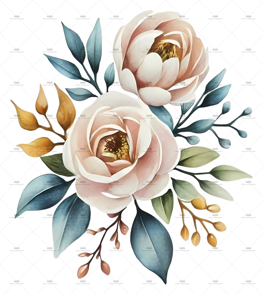 水彩玫瑰与叶插画PNG免抠图预览图