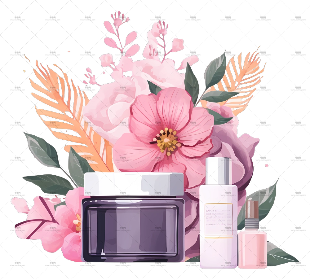 带有精致花卉背景的化妆品套装PNG免抠图预览图
