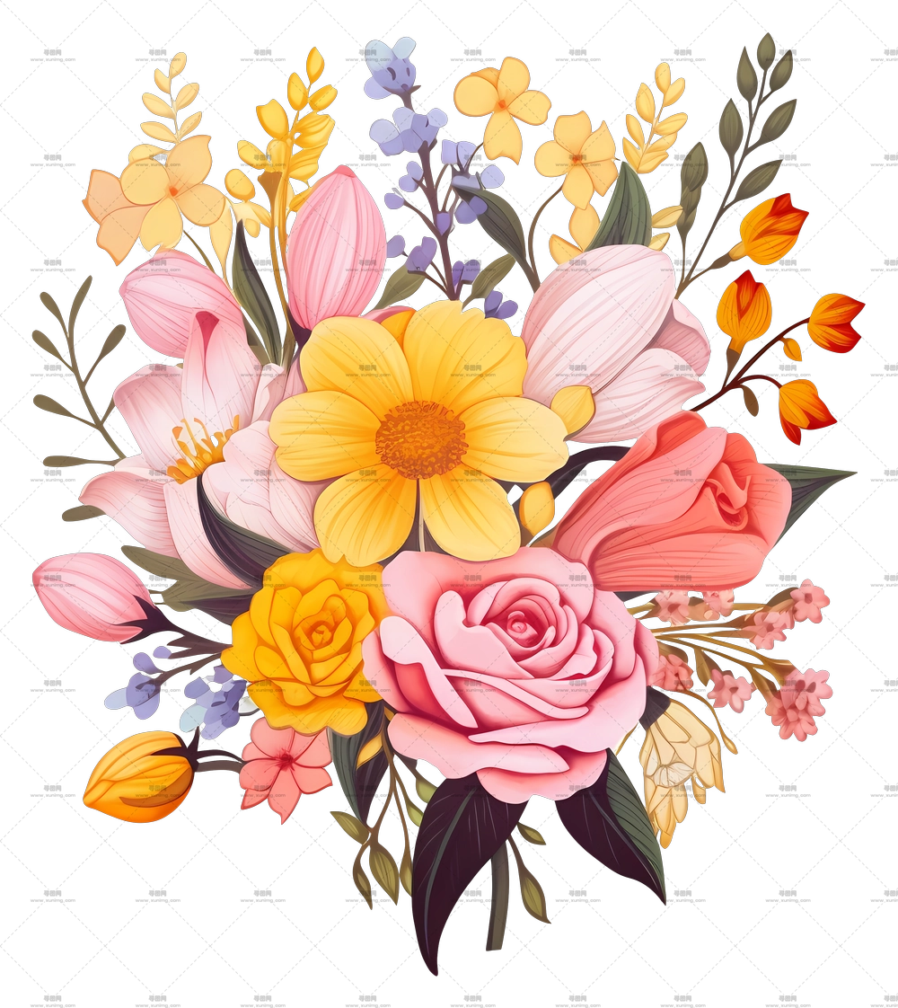 多彩花朵花束插画PNG免抠图预览图