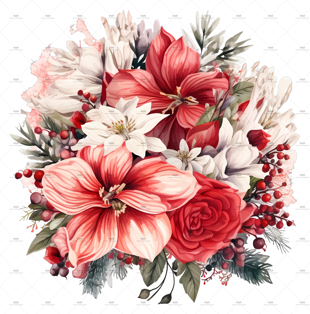 红玫瑰与白花的插花插画PNG免抠图预览图