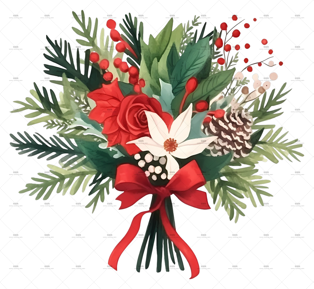 带红丝带和松果的节日花束PNG免抠图预览图