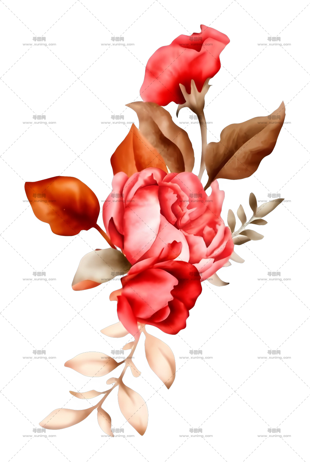 带叶的红玫瑰优雅花束PNG免抠图预览图
