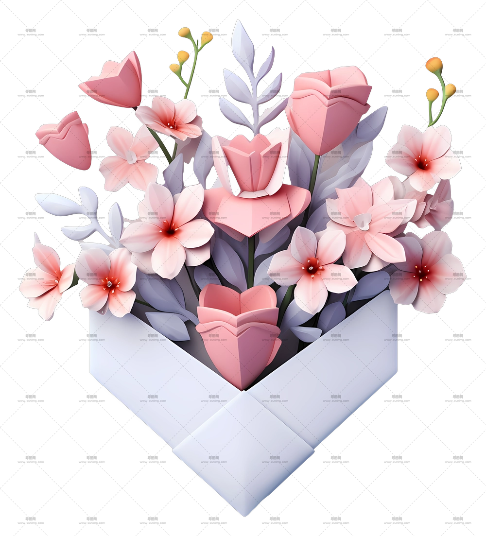 带有粉色花朵的纸质花束插画PNG免抠图预览图