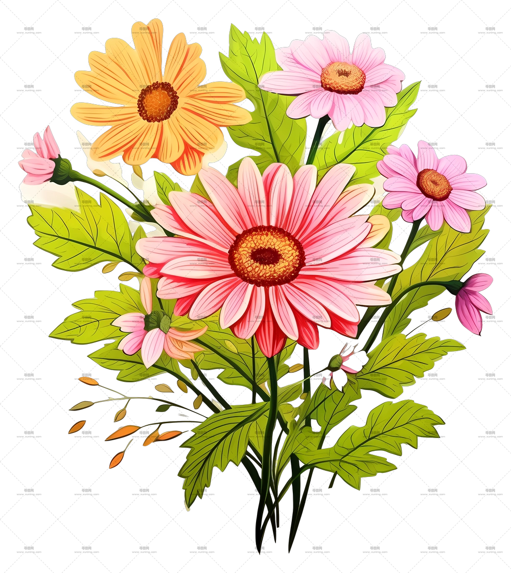 带有粉色和黄色花朵的明亮彩色花卉束PNG免抠图预览图