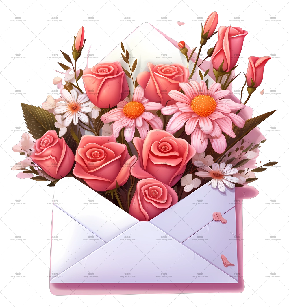 装满粉色玫瑰和雏菊的信封PNG免抠图预览图