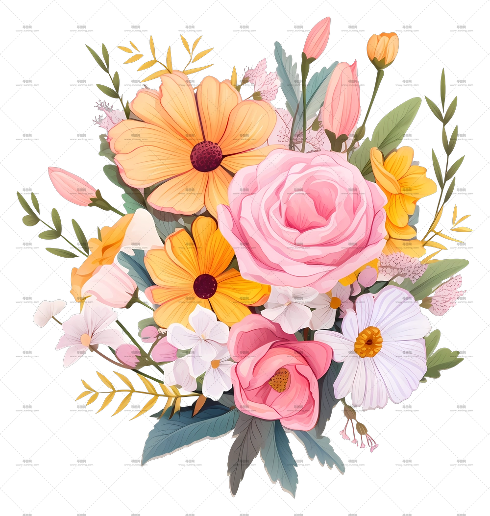 玫瑰和雏菊的多彩花束PNG免抠图预览图
