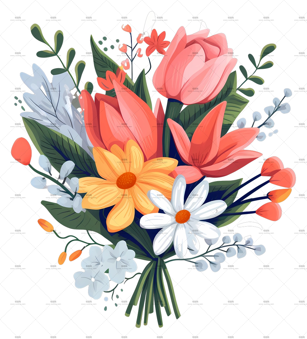 带有郁金香和雏菊的多彩花卉束PNG免抠图预览图