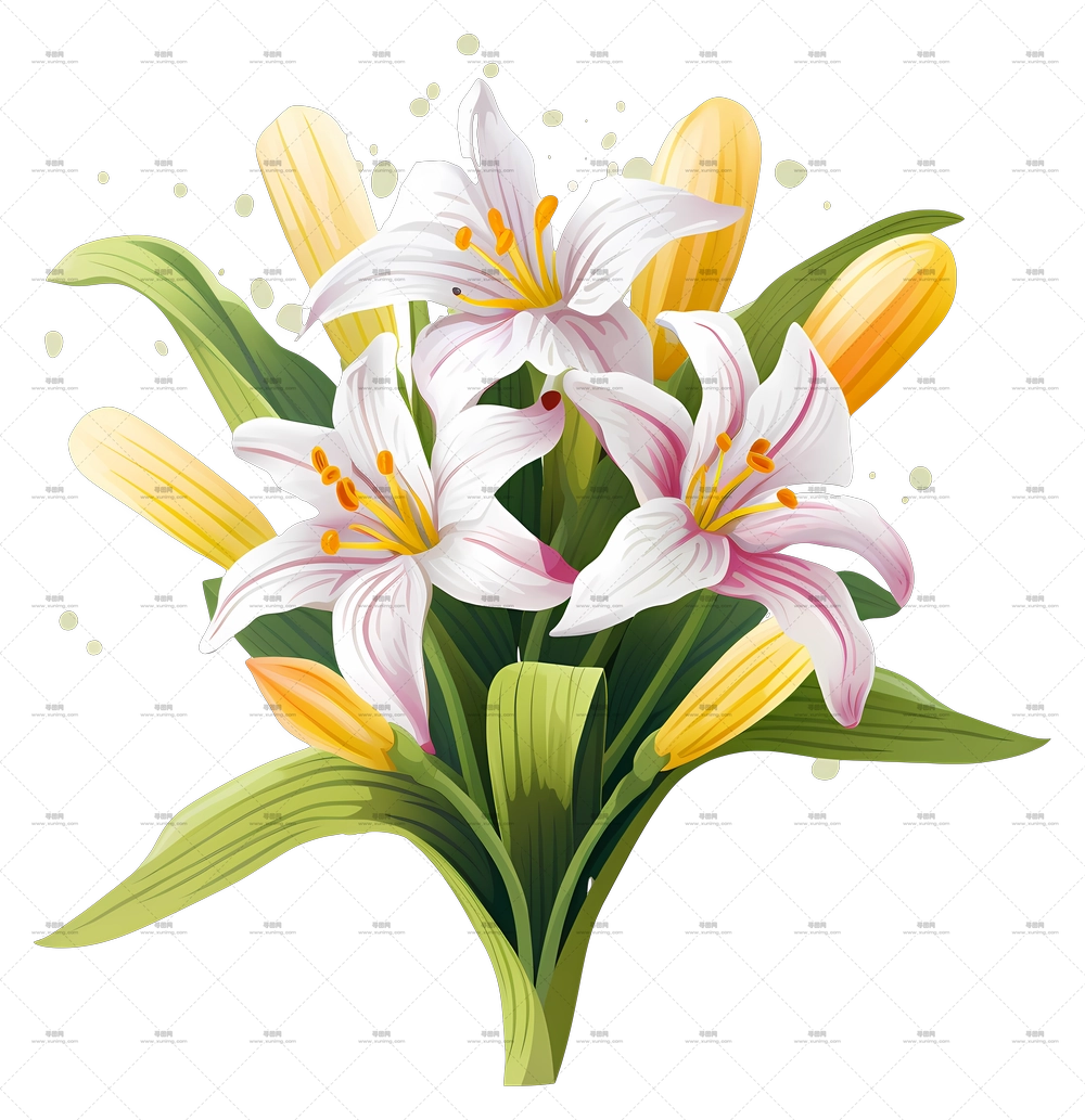 优雅的白色和黄色百合花束PNG免抠图预览图