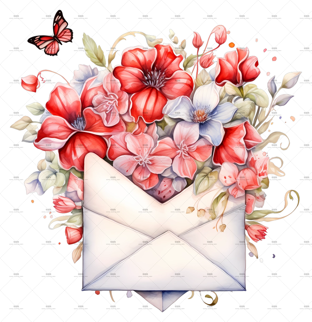 装有美丽花朵和蝴蝶的信封PNG免抠图预览图