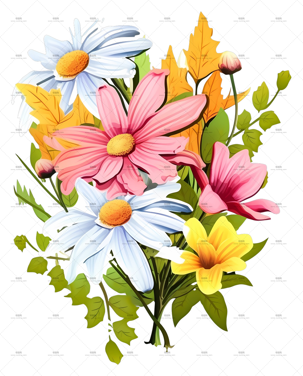 雏菊与春日鲜艳花卉花束PNG免抠图预览图
