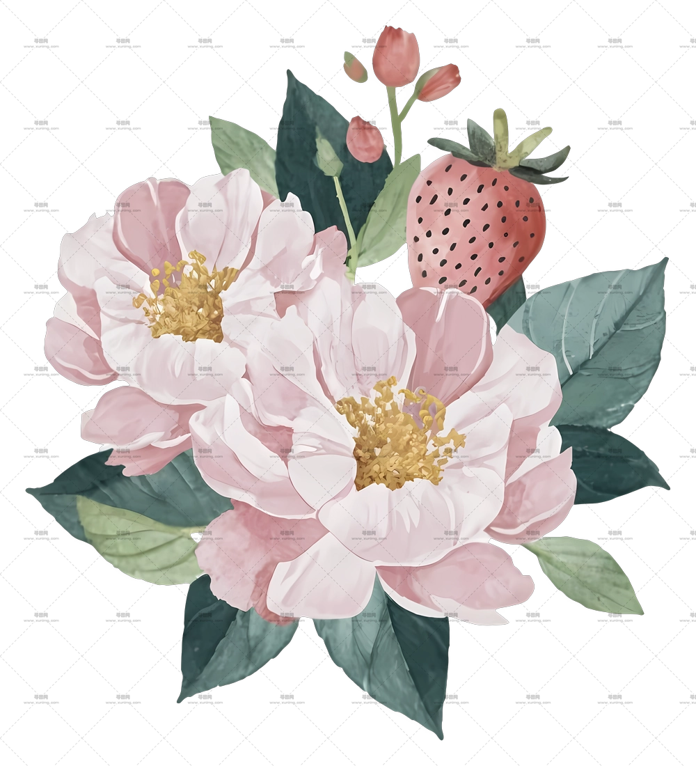 精美的水彩花束，带有草莓PNG免抠图预览图