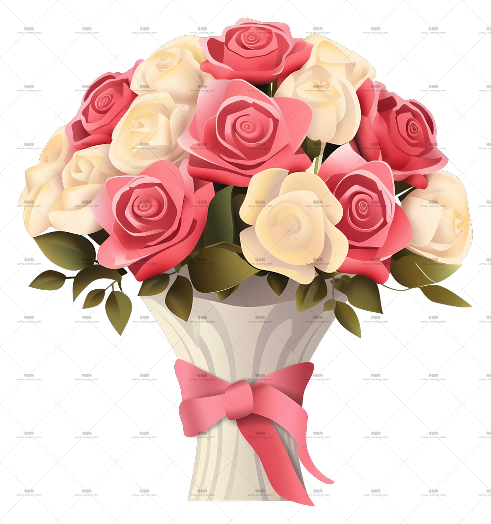 粉白玫瑰花束，系有丝带PNG免抠图预览图