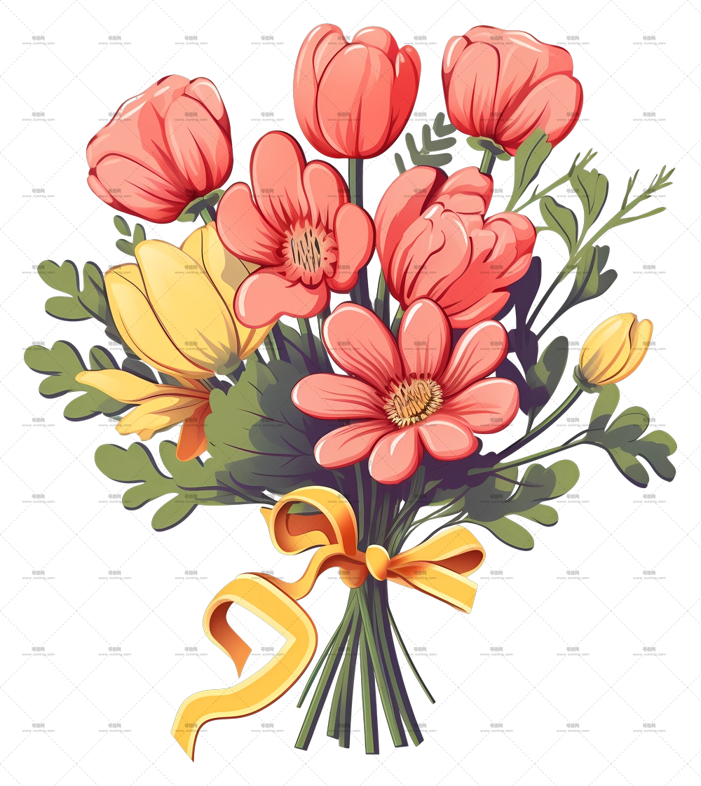 粉色与黄色花卉的鲜艳花束配丝带PNG免抠图预览图
